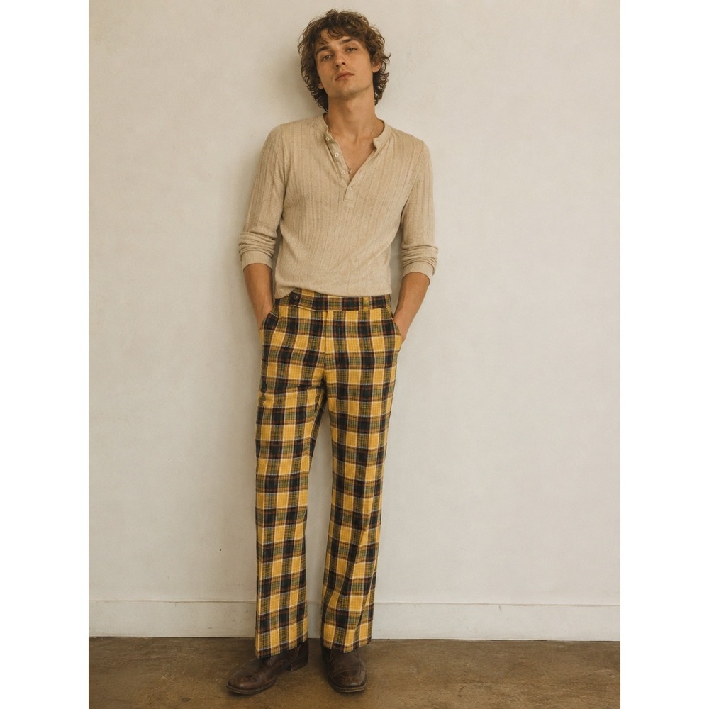 Vintage 70s Jaymar Plaid Slack Trousers Yellow Brown Textured Straight Leg Mens